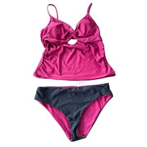 Cupshe Women's XL Red & Black Reversible Tankini Swimsuit‎ Two Piece Set